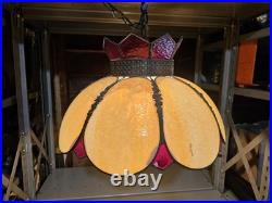 Vintage Slag Glass Hanging Red and Beige 8 Pedal MCM Swag Lamp Light Chandelier