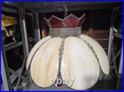 Vintage Slag Glass Hanging Red and Beige 8 Pedal MCM Swag Lamp Light Chandelier