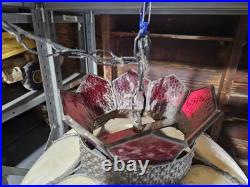 Vintage Slag Glass Hanging Red and Beige 8 Pedal MCM Swag Lamp Light Chandelier