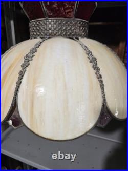 Vintage Slag Glass Hanging Red and Beige 8 Pedal MCM Swag Lamp Light Chandelier