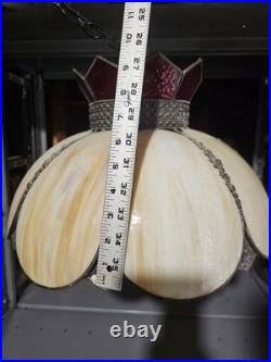 Vintage Slag Glass Hanging Red and Beige 8 Pedal MCM Swag Lamp Light Chandelier