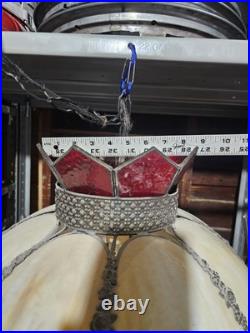 Vintage Slag Glass Hanging Red and Beige 8 Pedal MCM Swag Lamp Light Chandelier