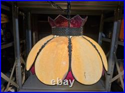Vintage Slag Glass Hanging Red and Beige 8 Pedal MCM Swag Lamp Light Chandelier