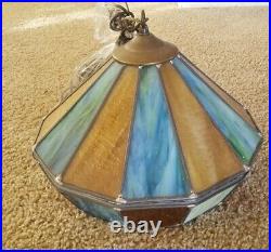 Vintage Slag Glass Hanging Swag Lamp Light Blue Green Amber