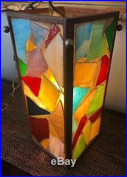 Vintage Slag Glass Teak Multi-color Hanging Ceiling Lamp