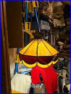 Vintage Slag Stained Glass Brass Chain Hanging Swag Lamp 18x14 Leaded