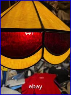 Vintage Slag Stained Glass Brass Chain Hanging Swag Lamp 18x14 Leaded
