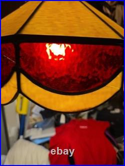 Vintage Slag Stained Glass Brass Chain Hanging Swag Lamp 18x14 Leaded