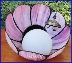Vintage Slag Stained Glass Pink Purple Tulip Hanging Lamp Light Fixture Shade