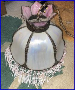 Vintage Slag Stained Glass Tulip Art Deco hanging Lamp 15Wide Tiffany