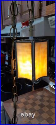 Vintage Small Slag Glass & Brass 1 light Pendant Light Fixture Swag Lamp