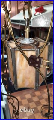 Vintage Small Slag Glass & Brass 1 light Pendant Light Fixture Swag Lamp