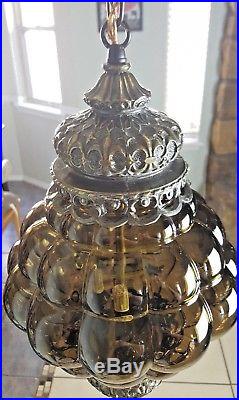 Vintage Smokey Glass Swag Lamp Mid Century MCM Rewired Hanging Light Brass