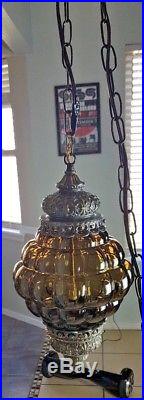 Vintage Smokey Glass Swag Lamp Mid Century MCM Rewired Hanging Light Brass