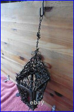 Vintage Spanish Boho Wrought Iron Glass Hanging Pendant Light Lamp Chandelier