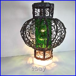 Vintage Spanish Gothic MCM Metal Filigree Swag Lamp Light Green Glass Panel