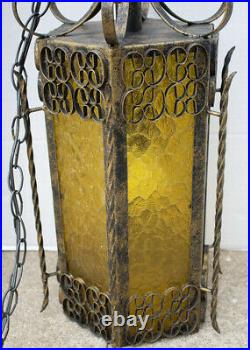 Vintage Spanish Revival Gothic Metal Scrolls Amber Panel Hanging Swag Lamp