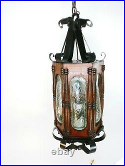 Vintage Spanish Revival Hanging Pendant Lamp Iron Amber Glass Gothic MCM