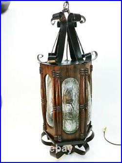 Vintage Spanish Revival Hanging Pendant Lamp Iron Amber Glass Gothic MCM