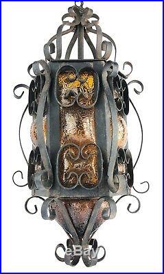 Vintage Spanish Revival Hanging Pendant Lamp Iron Caged Amber Glass Gothic Look