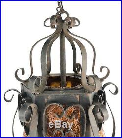 Vintage Spanish Revival Hanging Pendant Lamp Iron Caged Amber Glass Gothic Look