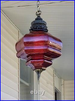 Vintage Spanish Revival Ruby Red Glass Hanging Swag Lamp Light