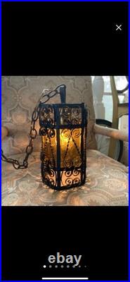 Vintage Spanish Revival Wrought Iron Pendant Lamp with Amber Glass Shades