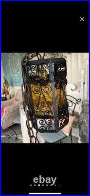 Vintage Spanish Revival Wrought Iron Pendant Lamp with Amber Glass Shades