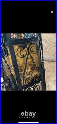 Vintage Spanish Revival Wrought Iron Pendant Lamp with Amber Glass Shades