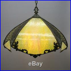 Vintage Square Stained Green/Yellow Glass Slag Hanging Lamp Ceiling Light Shade