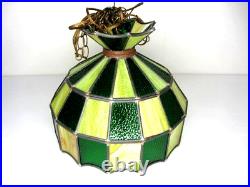 Vintage Stained Glass Ceiling Lamp Hanging MCM Kitchen Game Room Green 13 X 16