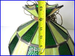 Vintage Stained Glass Ceiling Lamp Hanging MCM Kitchen Game Room Green 13 X 16