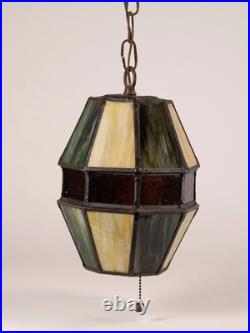 Vintage Stained Glass Hanging Barrel Swag Lamp Green White Amber
