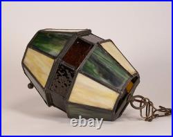 Vintage Stained Glass Hanging Barrel Swag Lamp Green White Amber
