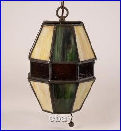 Vintage Stained Glass Hanging Barrel Swag Lamp Green White Amber