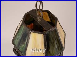 Vintage Stained Glass Hanging Barrel Swag Lamp Green White Amber