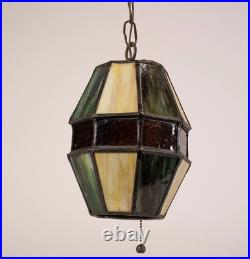 Vintage Stained Glass Hanging Barrel Swag Lamp Green White Amber