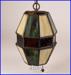 Vintage Stained Glass Hanging Barrel Swag Lamp Green White Amber
