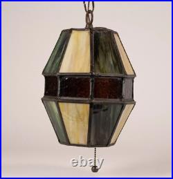 Vintage Stained Glass Hanging Barrel Swag Lamp Green White Amber