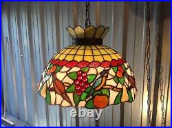 Vintage Stained Glass Hanging Chandelier Lamp, Colorful Birds and Fruit, 3 Bulbs