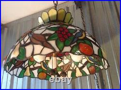 Vintage Stained Glass Hanging Chandelier Lamp, Colorful Birds and Fruit, 3 Bulbs