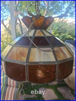Vintage Stained Glass Hanging Lamp Amber, Beige, Slag Glass 20in Chain 12 By 8