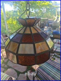 Vintage Stained Glass Hanging Lamp Amber, Beige, Slag Glass 20in Chain 12 By 8