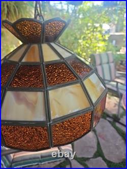 Vintage Stained Glass Hanging Lamp Amber, Beige, Slag Glass 20in Chain 12 By 8