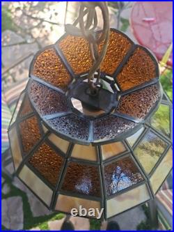 Vintage Stained Glass Hanging Lamp Amber, Beige, Slag Glass 20in Chain 12 By 8