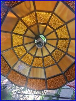 Vintage Stained Glass Hanging Lamp Amber, Beige, Slag Glass 20in Chain 12 By 8
