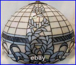 Vintage Stained Glass Hanging Lamp Shade Tiffany Style Leaves Ribbons Iridescent