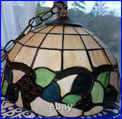 Vintage Stained Glass Hanging Light Fixture Tiffany Style 12 MCM Tested & Works