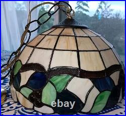 Vintage Stained Glass Hanging Light Fixture Tiffany Style 12 MCM Tested & Works