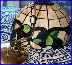 Vintage Stained Glass Hanging Light Fixture Tiffany Style 12 MCM Tested & Works